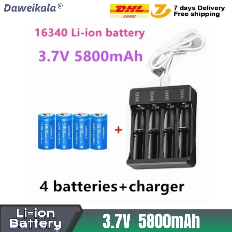 Daweikala CR123A LED Flashlight Travel Wall Charger 16340 CR123A Battery 3.7V 16340 Rechargeable Battery 5800mAh Lithium Ion Bat
