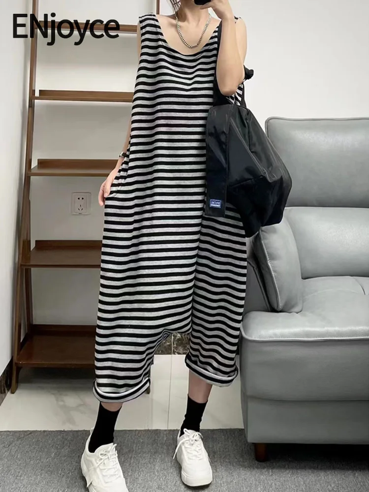 

Summer Women Striped Jumpsuits Sleeveless Oversized Streetwear One Piece Outfits Korean Style Casual High Waist Cross-Pants