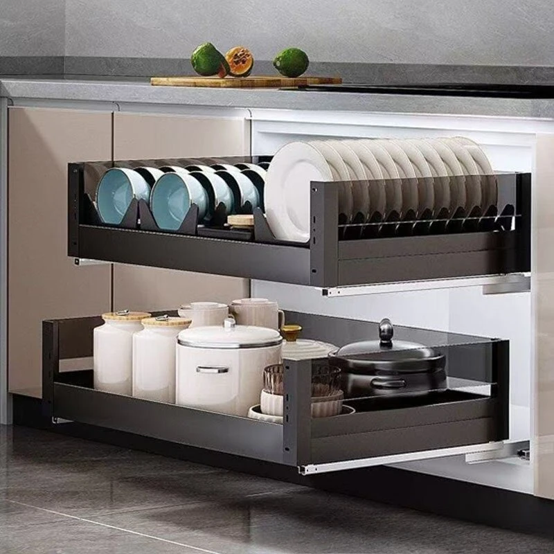 Kitchen Cabinet Aluminum Alloy Double-layer Basket Drawer Type Open Door Storage Dish Rack Cabinet