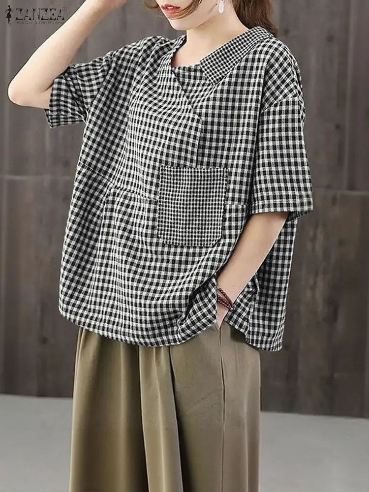 ZANZEA 캐주얼 시크 패치워크 디자인 깅엄 블라우스 여성용 브이넥 드롭숄더 반소매 탑 여름 2025 신상 일상복
