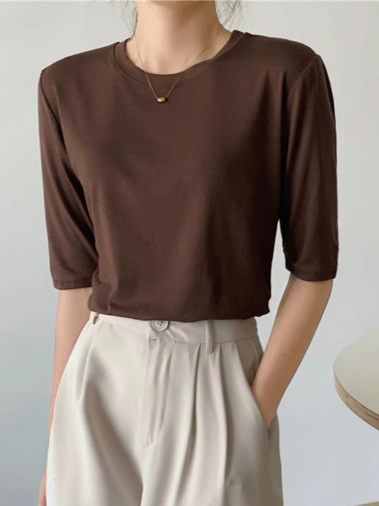 Camisetas de media manga para mujer, Tops de algodón, camisetas lisas con cuello redondo para mujer, Camiseta básica informal elástica ajustada, Top