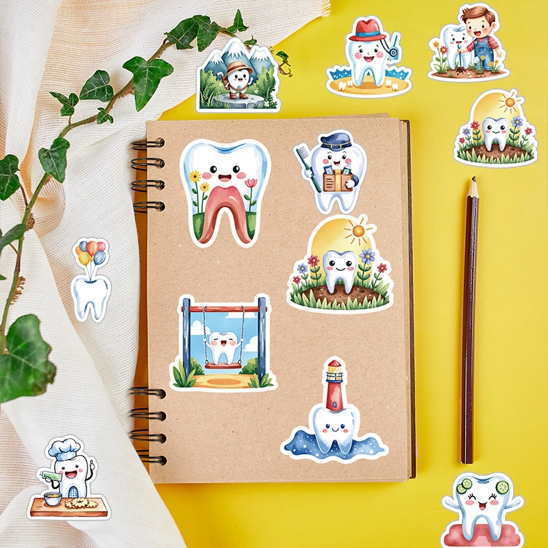 50Pcs Cute Dental Health Care Stickers Cartoon Teeth Theme Decals Waterproof DIY Decor For Suitcase Diary Stationery Helmet
