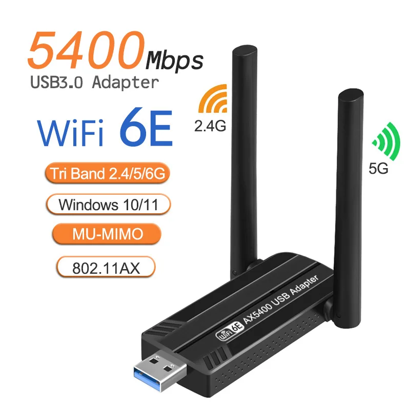 Wifi6E USB WiFi Dongle 5400Mbps Adapter USB 3.0 Wifi Receiver Tri-band 2.4G&5G&6GHz MU-MIMO Plug and Play for Windows 10/11