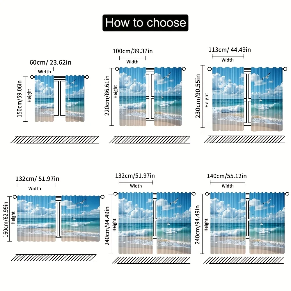 2PCS Summer Beach Sheer Curtains – Ocean View Print, Light Filtering Polyester for Living Room Kitchen Bedroom Decor
