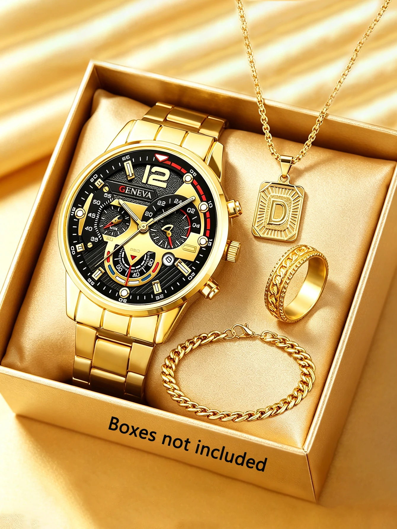 Men's Casual Fashion Quartz Watch Set with Ring Necklace Bracelet Combo Suitable for Daily Wear Perfect Father's Day Gift