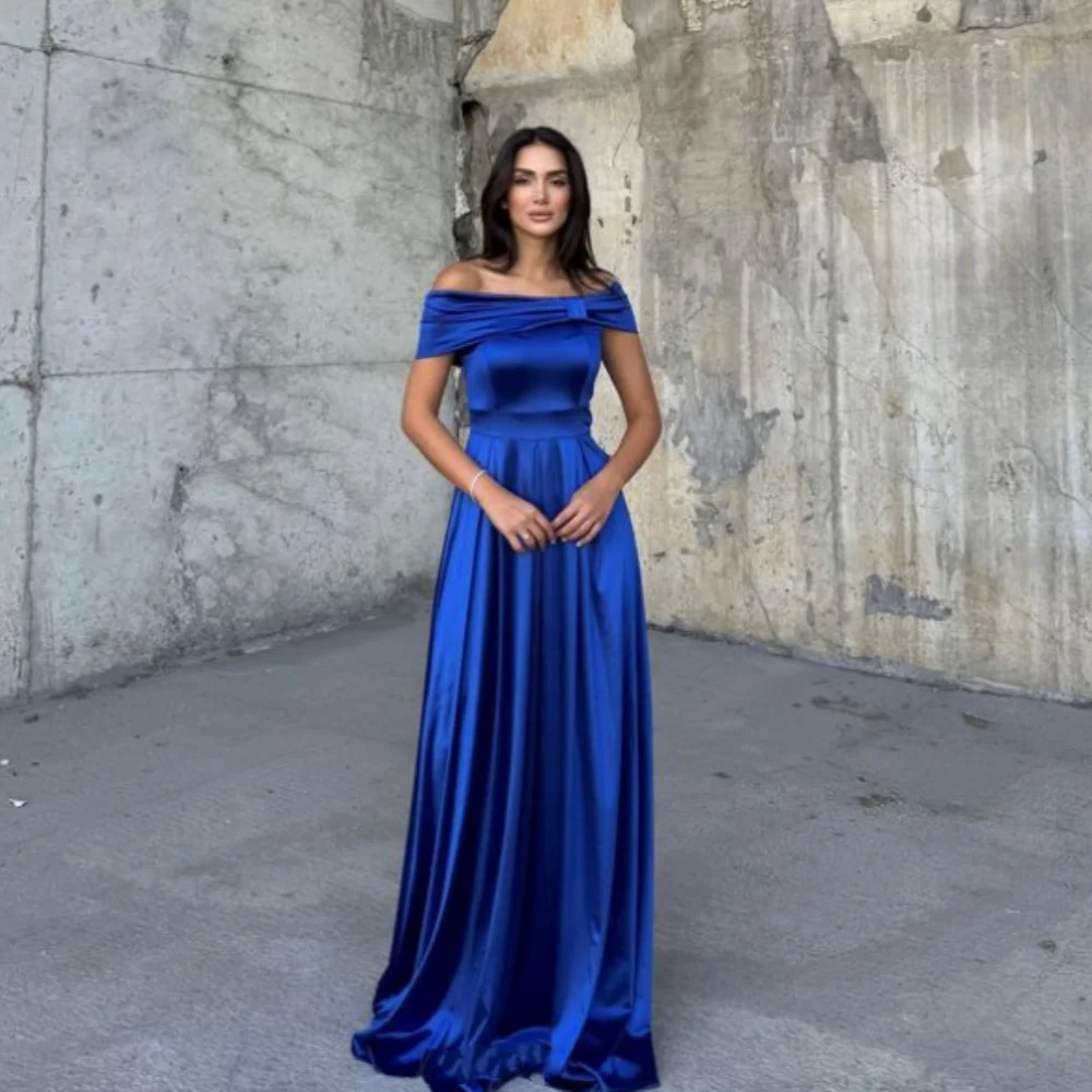 

Customized Exquisite A-line Off-the-shoulder Bespoke Satin high quality Floor length Draped Evening Dresses Sizes Available
