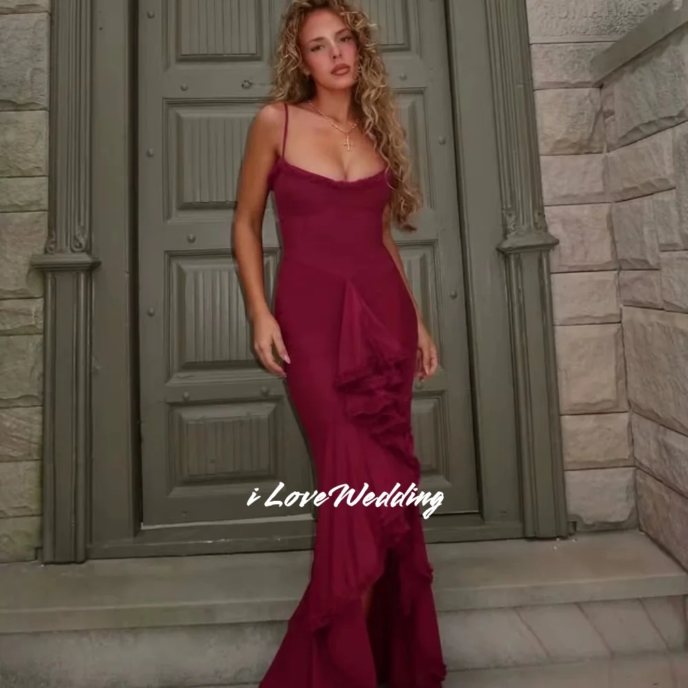 

Burgundy Sexy Spaghetti-Strap Evening Dresses 2025 V-Neck Ruched Sleeveless Ruffles Mermaid Irregular Party Dresses Customized