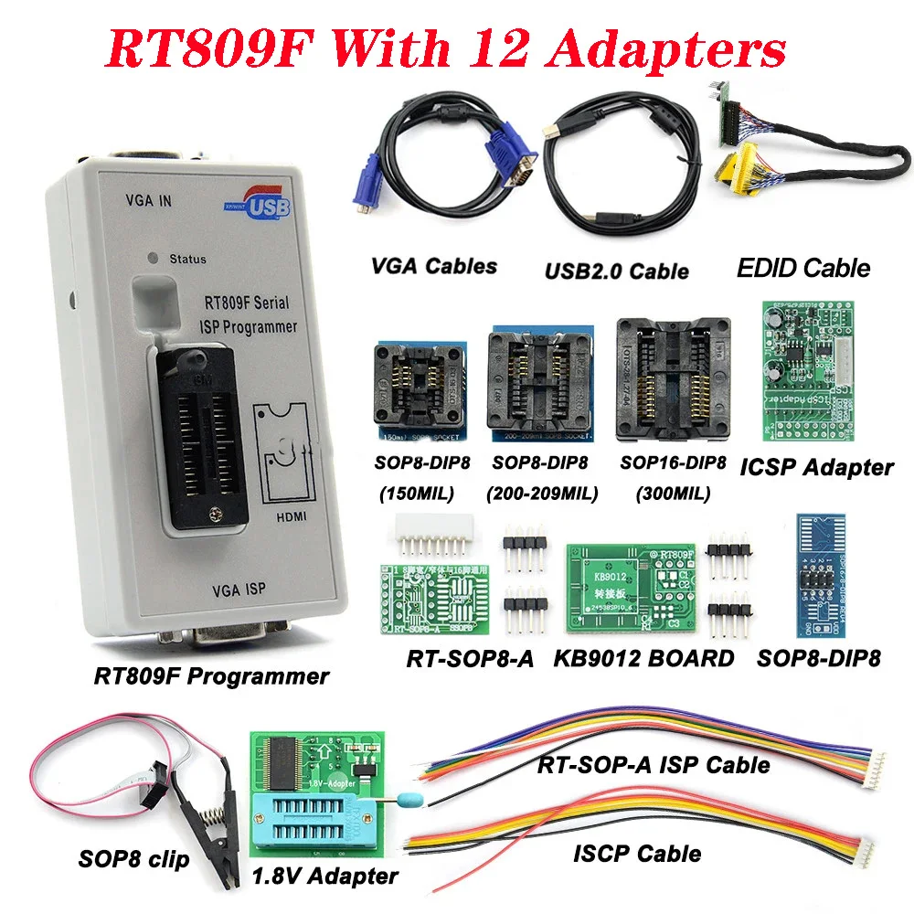 RT809F ISP Programmeur met 12 Adapters RT809 LCD USB Chip Eeprom 24 25 93 Serie IC met Volledige Adapters Autoreparatiegereedschap