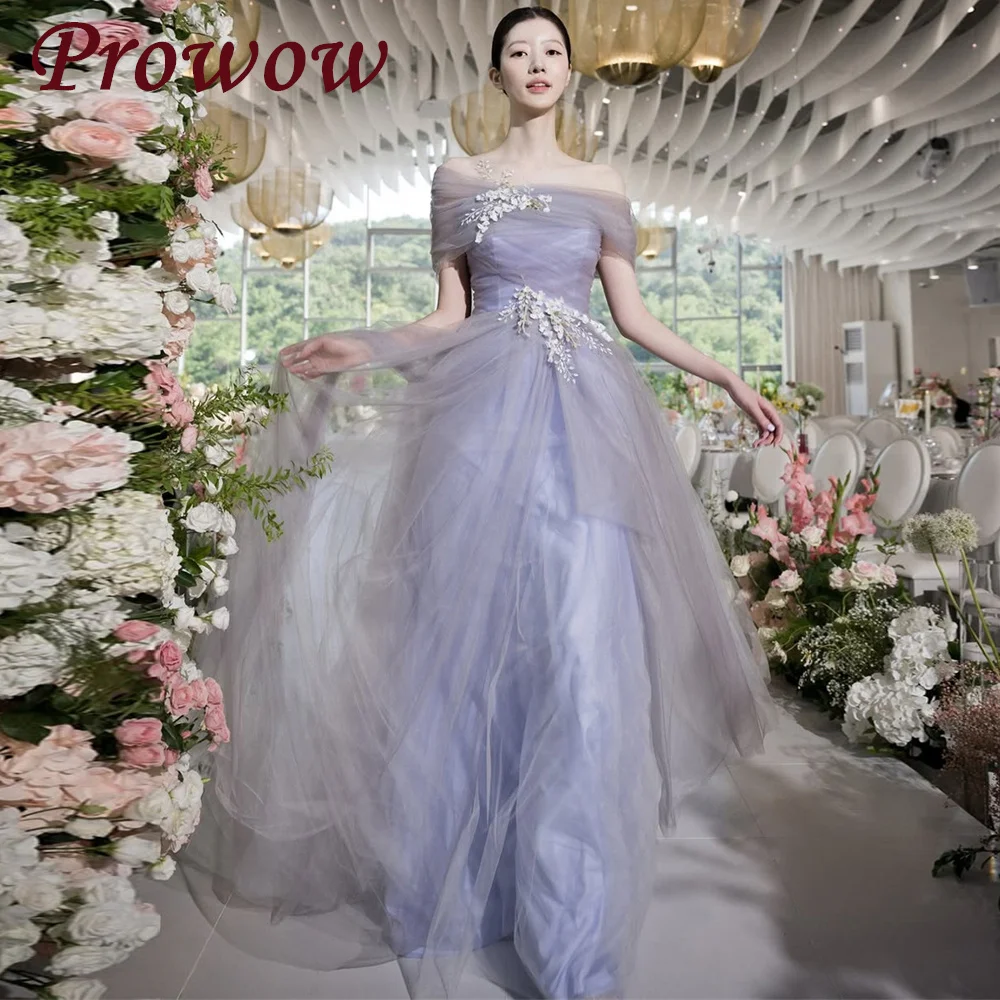 

Prowow Elegant Off Shoulder Tulle A-Line Evening Party Dresses Korea Purple Corset Wedding Women Gown Event Prom Gown Customized