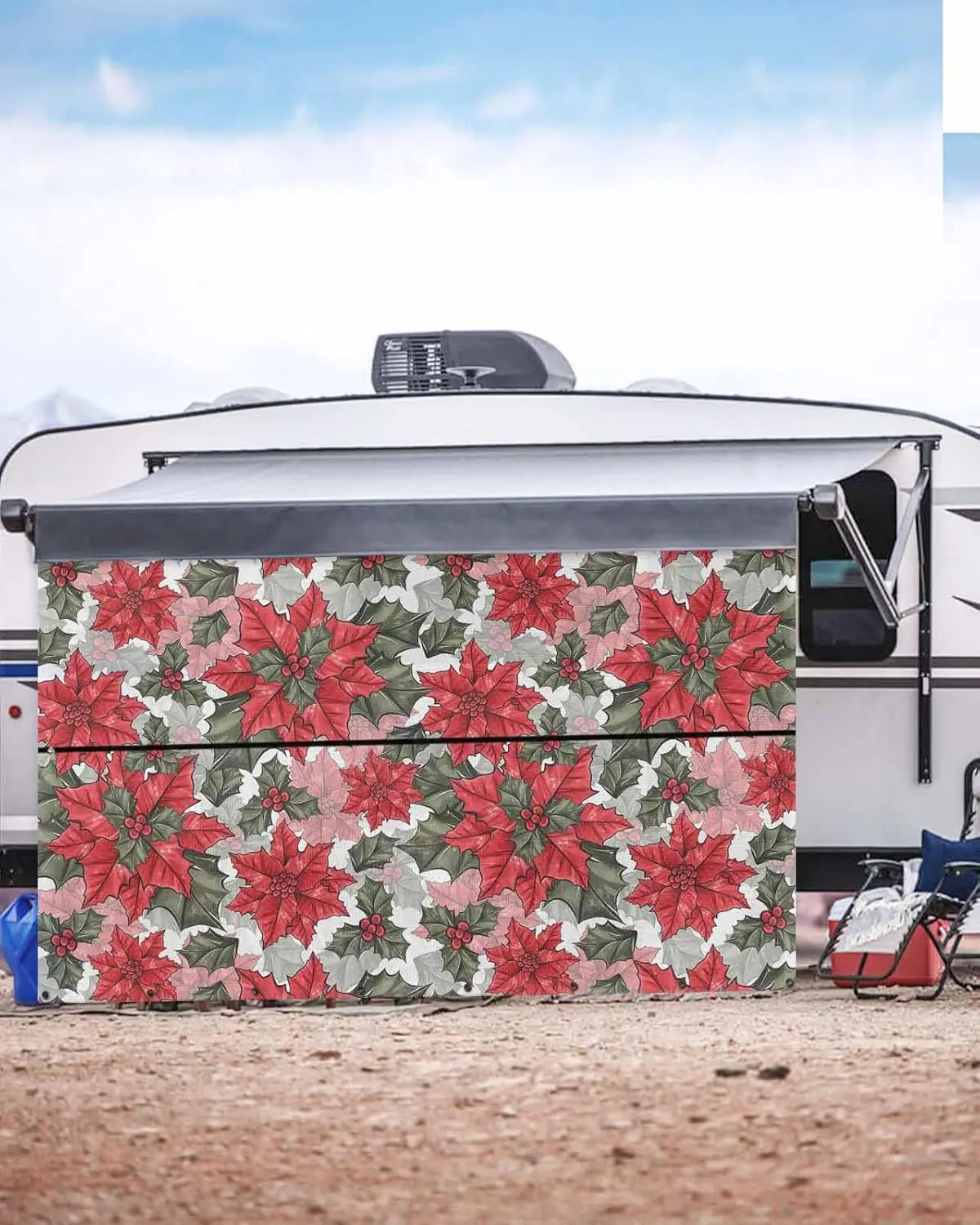 Rv Awning Sun Shade Screen 9' X 15'3"", Christmas Poinsettia Mesh Rv Awning Shades Complete Kits, Xmas Floral Botanical Red