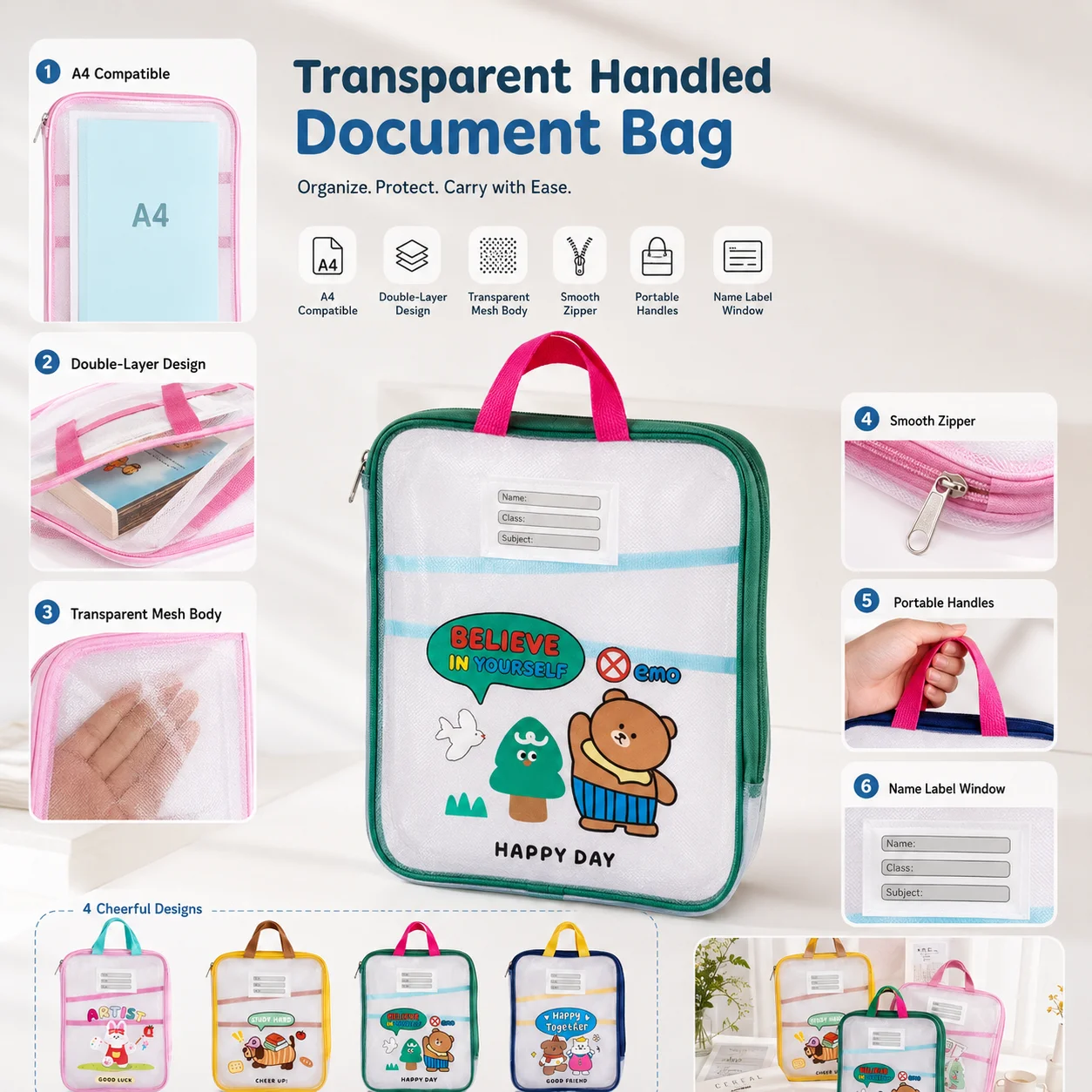 Transparent Mesh Document Bag Student Handheld Subject Bag Multi-layer Classification Storage Bag Large Capacity Tutor Test P...