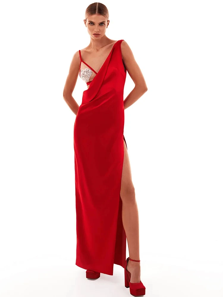 

Red Patchwork Diamond V Neck Sleeveless High Waist Long Dress Cut Out Mesh Sequins Split Slim Evening Party Gowns