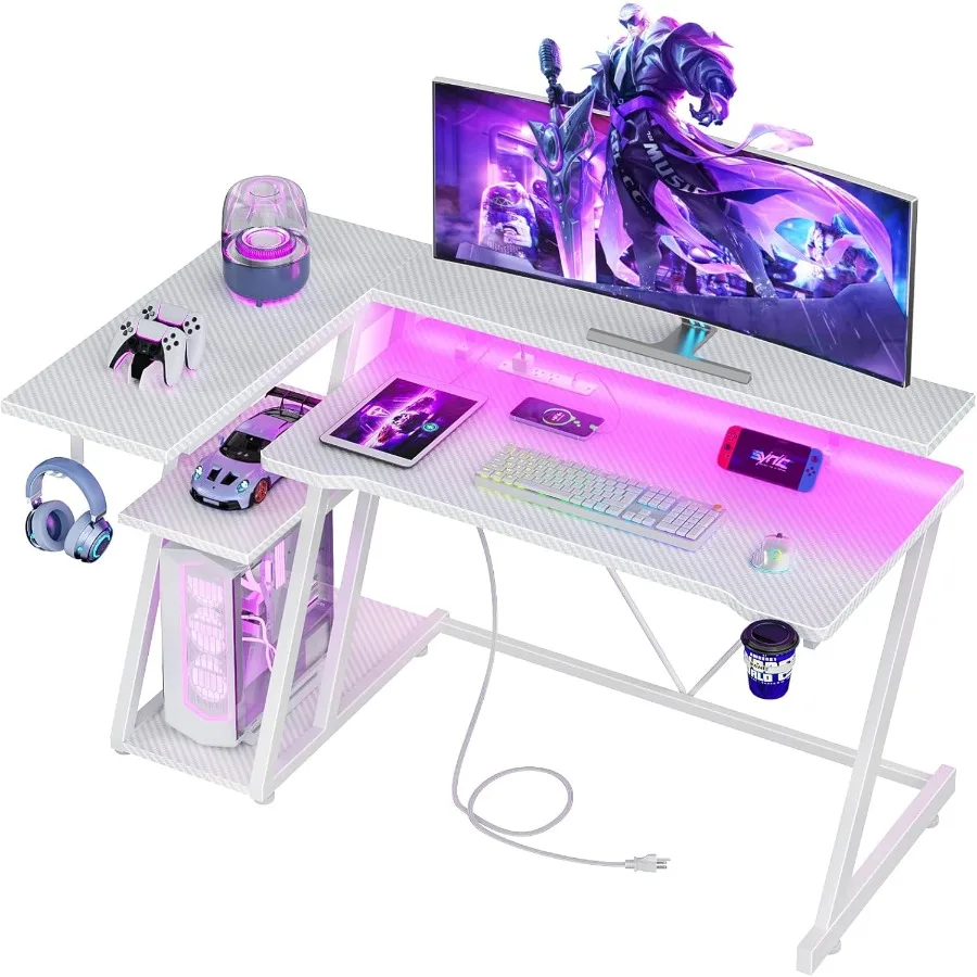 47 Inch White Gaming Desk with Builtin Power Outlet and Ambient LED Lights LShaped Computer Desk with Three Tiered Storage Shel