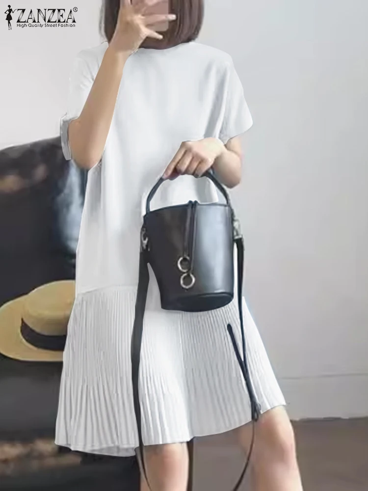 ZANZEA <ne2> Casual Solide Plissee Kleid Frauen Sommer Lose Kurzarm Knielangen Robe Koreanische Einfache Patchwork Vestido Oversize