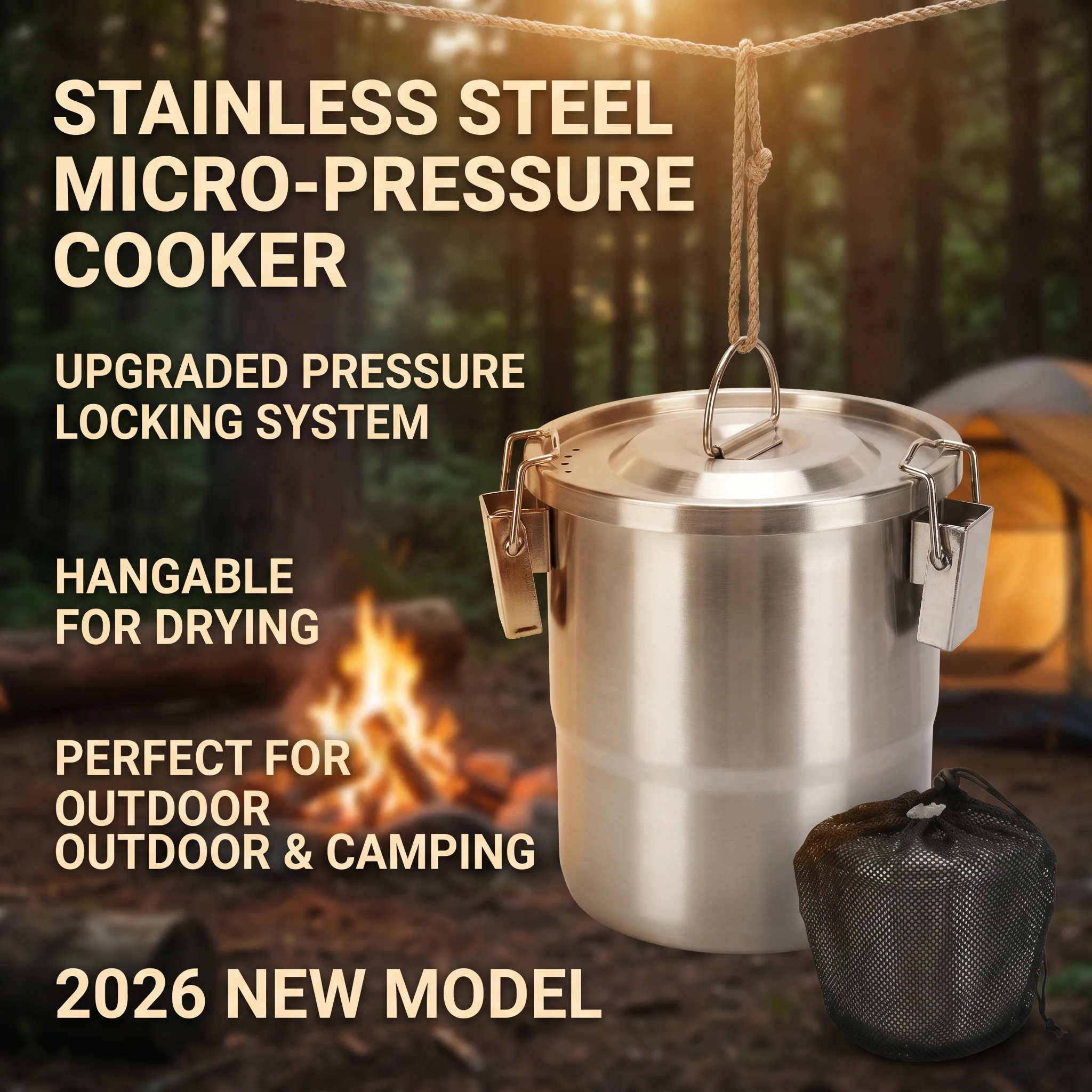 2026 New Upgrade Camping Pot, 3L 304 Stainless Steel Portable Rice Cooker, Outdoor Cooking Pot With Hanging Tripod, Ideal For Hi