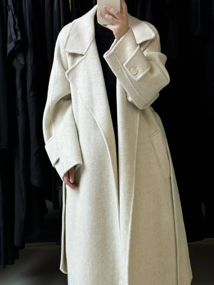 ZMEENNA Cappotto lungo in lana da donna Elegante giacca invernale con risvolto Capispalla chic Cappotto caldo con cintura a figura intera ZM3719