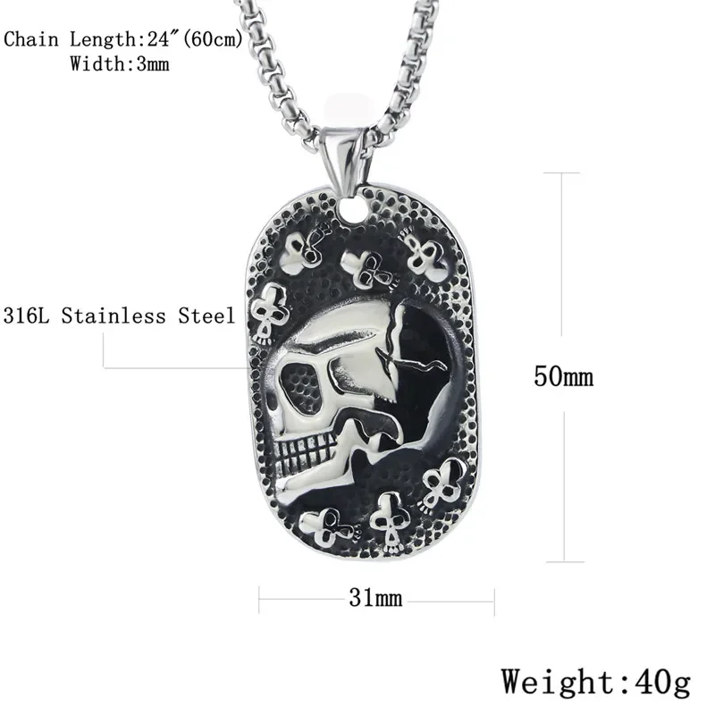 Punk Tattoo Skull Stainless Steel Pendant Necklace Charm Men Cool Punk Rock Jewelry
