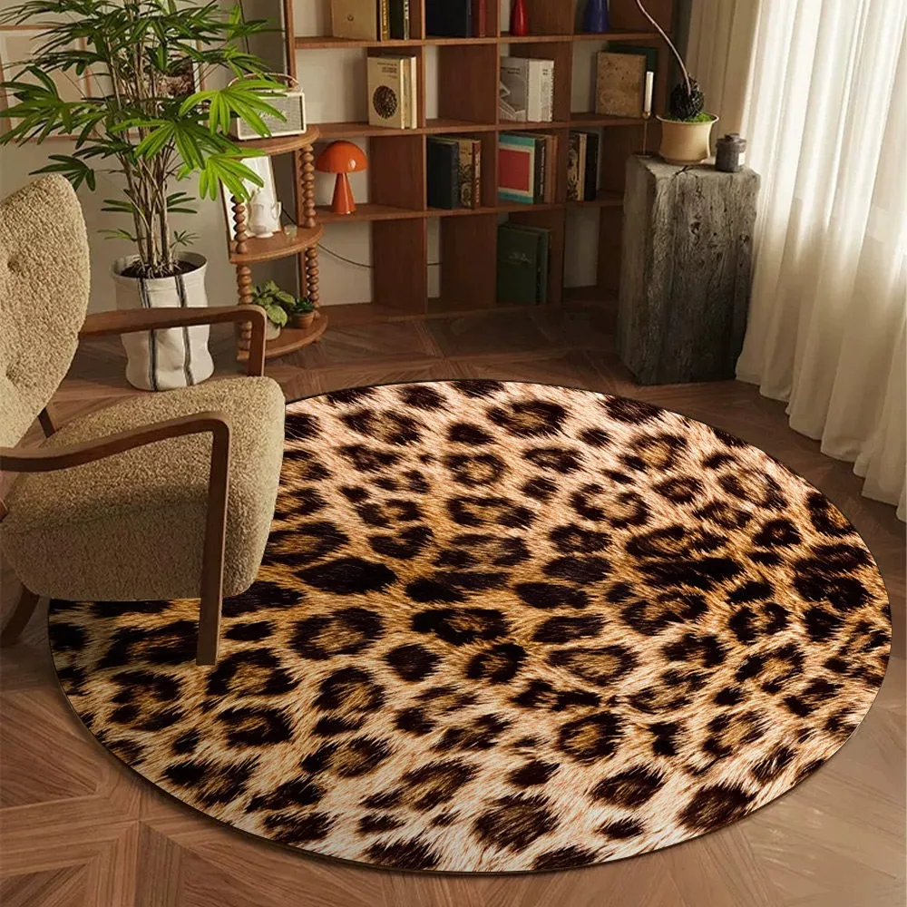 Leopard Print Round Rugs Living Room Short Plush Carpet Anti-slip Floor Mats Light Luxury Bedroom Rug Cloakroom Study Mat Tapete