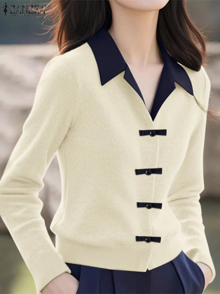 ZANZEA 2025 Spring Knitted Blouses Women Stylish Long Sleeve Buttons Shirt Patchwork Tops Autumn Elegant Work Blusas Oversize