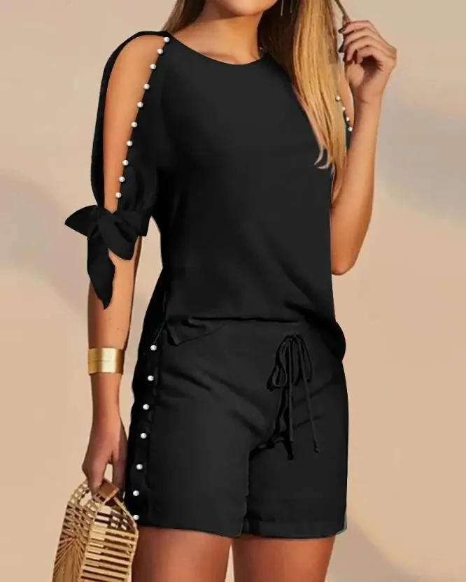 

Pearls Decor Split Sleeve Top & Drawstring Shorts Set for Summer Ladies Women's Casual Clothing Female Fashion New Two Piece Set