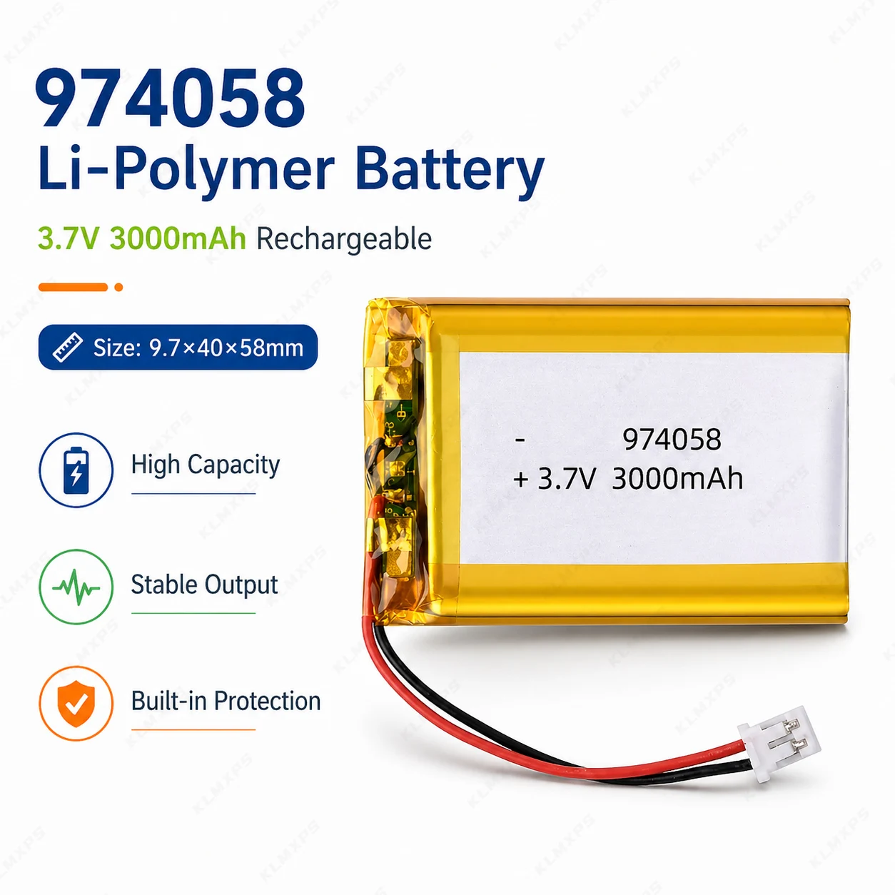 3000mAh 3.7V Lithium Polymer Battery 974058 2 Pin Connector Rechargeable Li-Po Battery for Camera GPS Navigator Consumer Electro