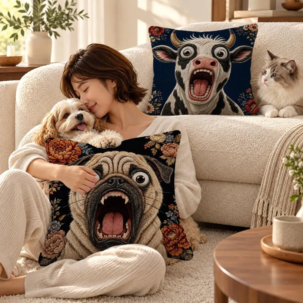 Cute 2D Funny Animals Screaming Cushion Cover Soft Short Plush Throw Pillowcase Sofa Bedroom Home Decor Holiday Gift