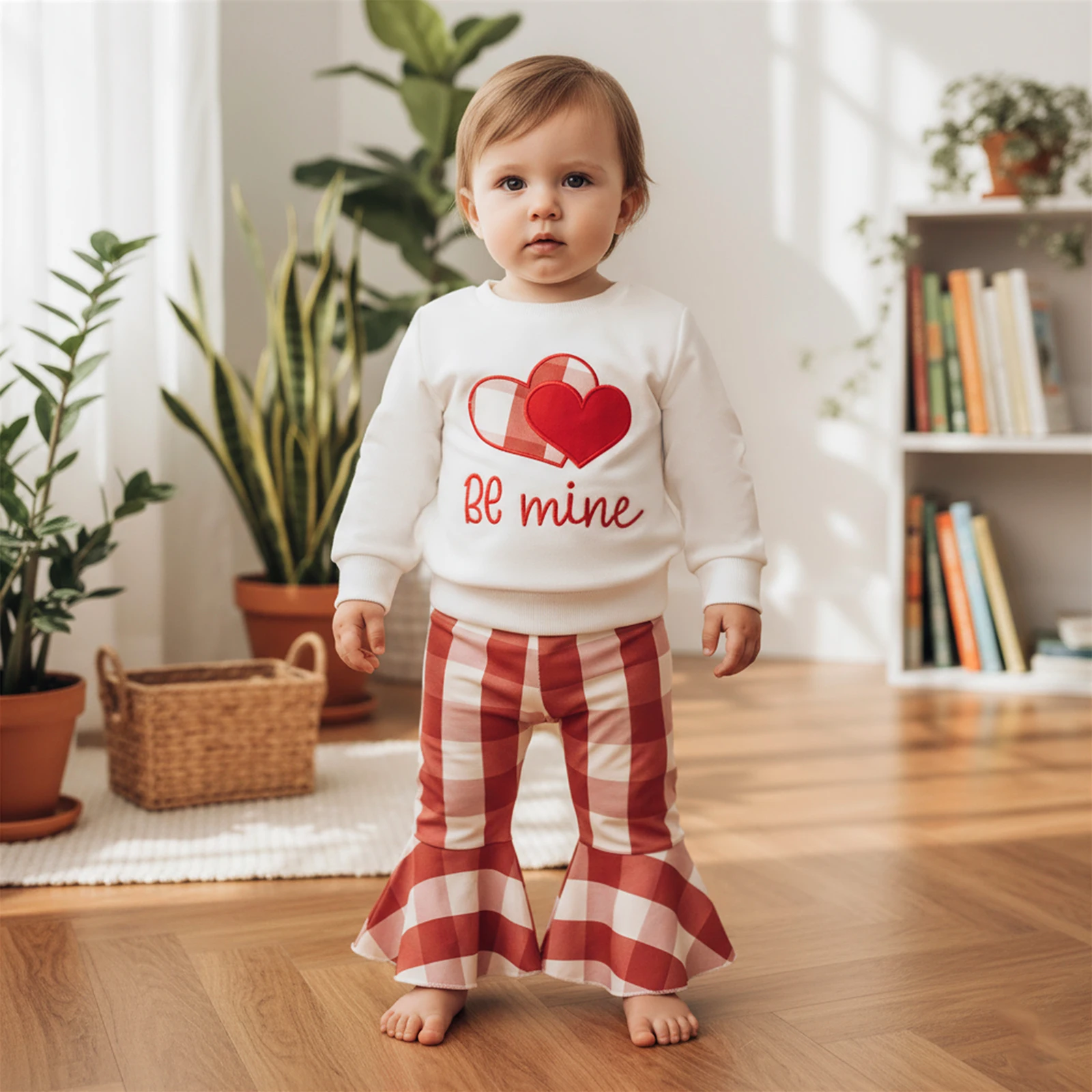 طقم سراويل للفتيات الصغيرات، هوديي بأكمام طويلة مطرز بحروف على شكل قلب مع سروال منقوش واسع لملابس عيد الحب