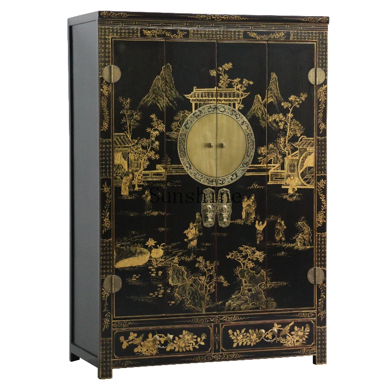 

Modern new Chinese solid wood wardrobe hand-painted gold-painted lacquerware bedroom retro classic black paint entrance cabinet