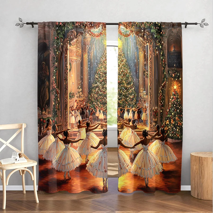 2PCS Christmas Ballerina Oil Painting Curtains, Nutcracker Ballet Stage Winter Holiday Window Drapes for Bedroom Living Room