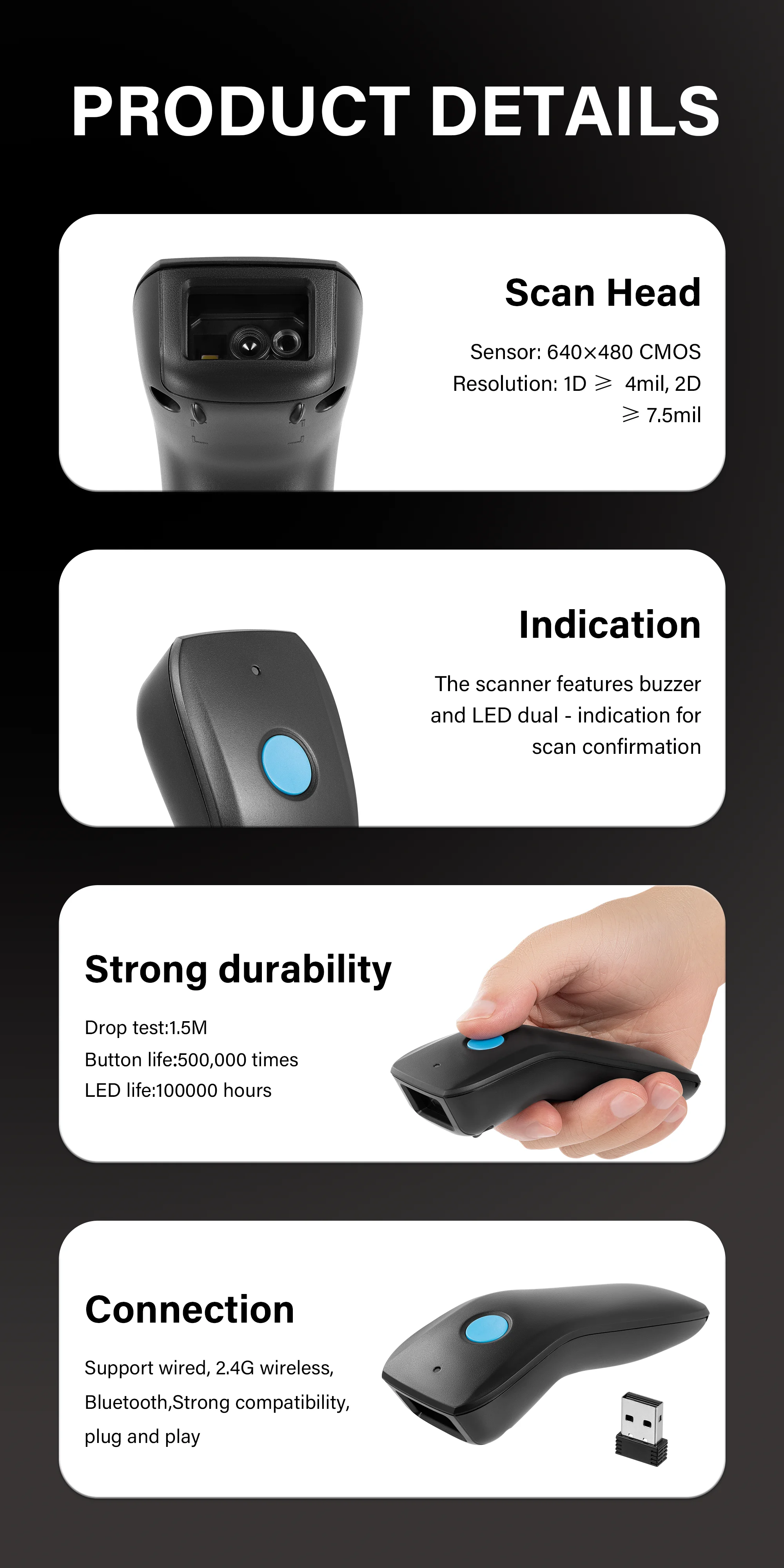 Fotografia 6: Mini Leitor de Código de Barras Bluetooth 3 em 1 1D 2D QR Code CCD com Tela, Leitor de Código de Barras Portátil com Bateria de Grande Capacidade para Celular