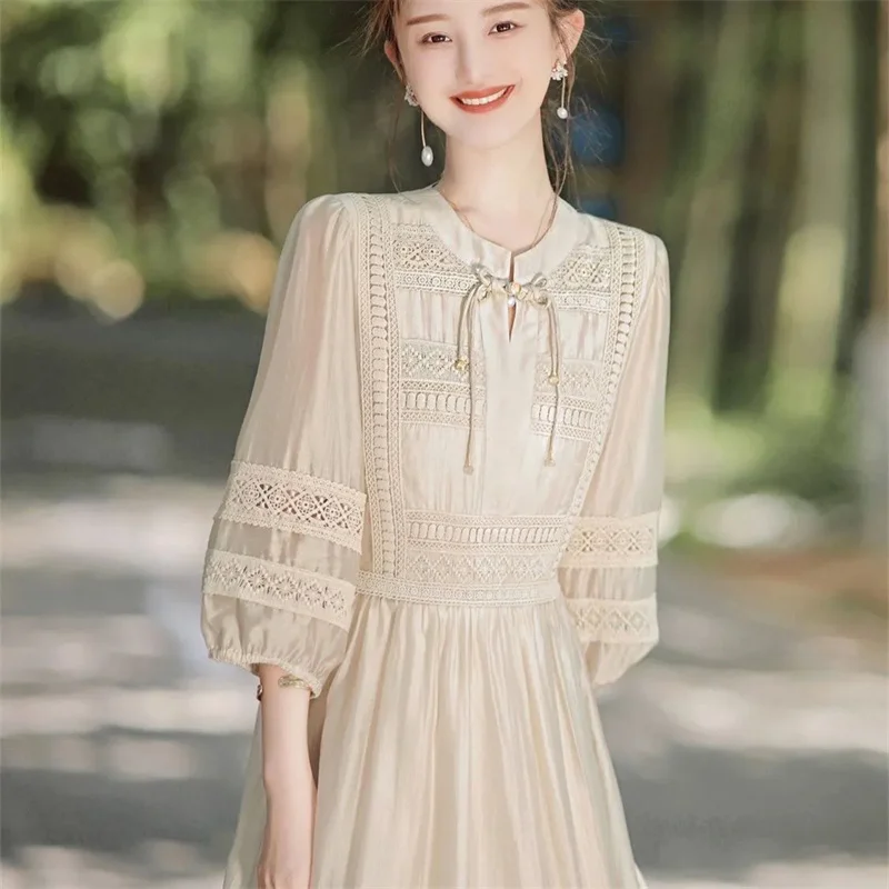 Wishing Spirit Fashion Gentle Fairy Lace A-line Skirt 2024 New Summer Tencel Dress Female Temperament Loose Medium Length Skirt