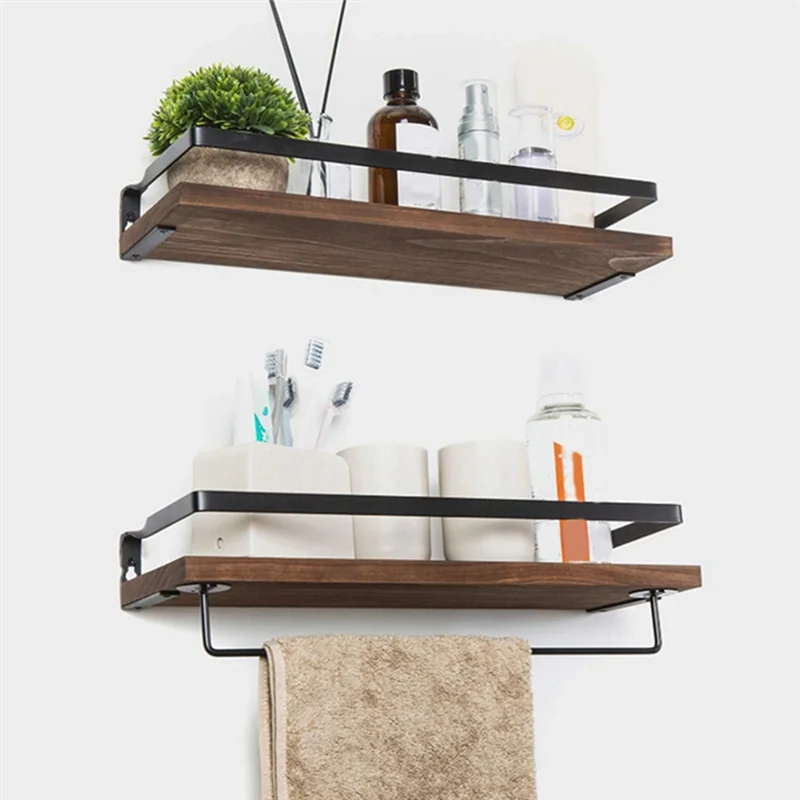 PB-2 Pack Set di mensole da parete in metallo, legno, rustico, galleggiante, portasciugamani da cucina, bagno