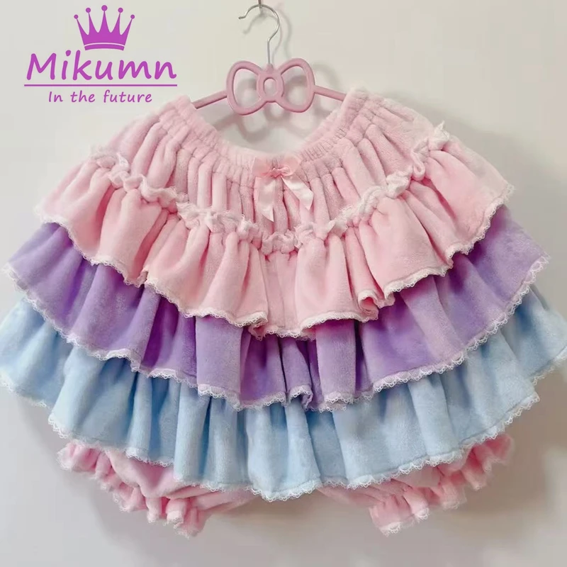 Harajuku Y2k Süße Rosa Weiße Kürbis Hosen Lolita Herbst Winter JK Plüsch Shorts Japanische Kawaii Rüschen Laterne Shorts