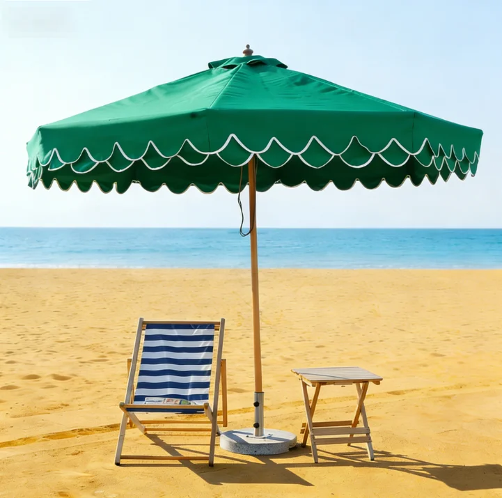 ※a Outdoor Vintage Retro Cafe Custom Logo Sun Shade Adjustable Polyester Pool Wood Scalloped Edge Patio Garden Beach Umbrellas