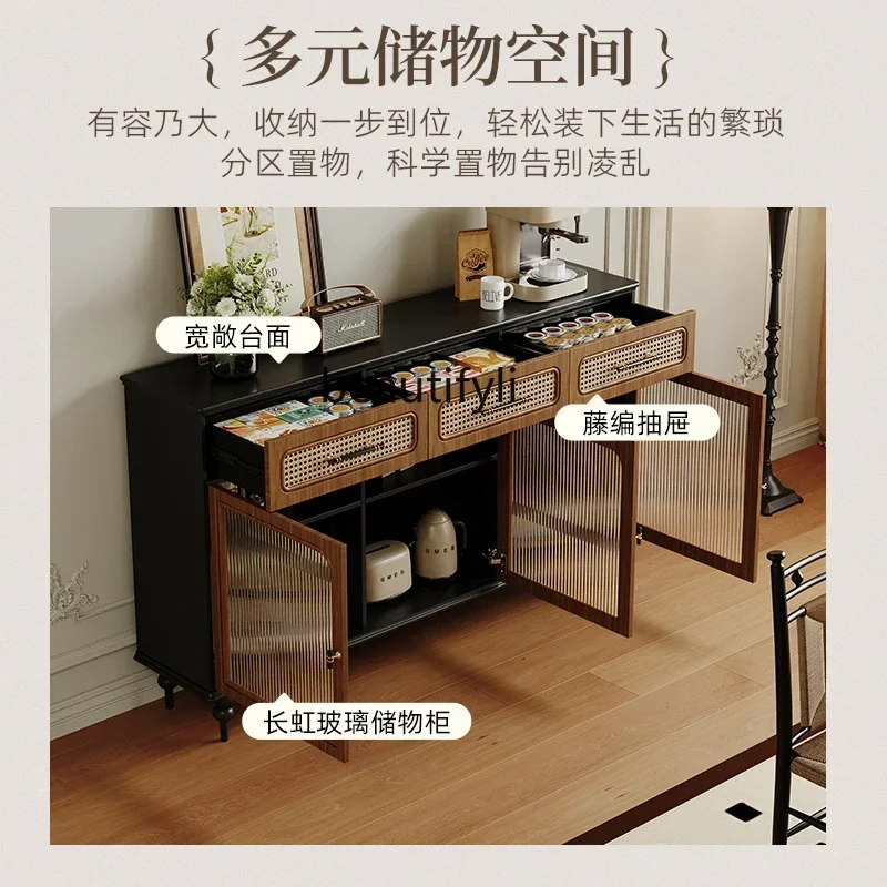 

smt7486 Solid wood medieval dining side cabinet American retro light luxury rattan storage cabinet integrated against the wall s