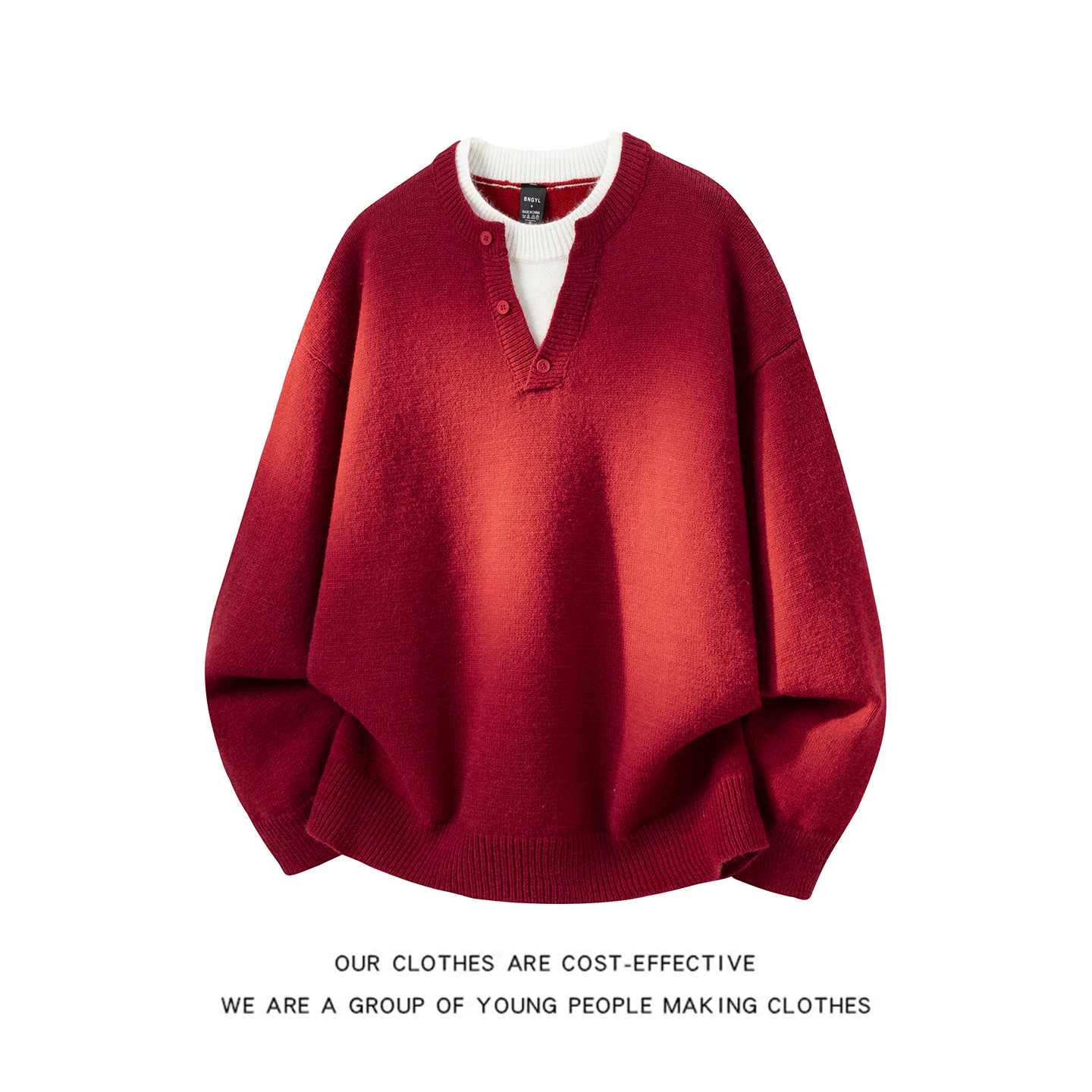 

Мужской свободный вязаный свитер красного цвета для весны и осени, новинка, повседневная одежда, имитация двухслойности, круглый вырез, удобный, из мягкой ткани