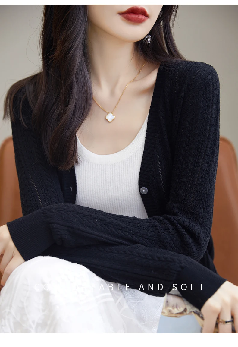 100% Cotton Spring/Summer Hollow v Neck Long Sleeved Sun Proof Air-Conditioned Shirt, Comfortable Fashionable Cardigan