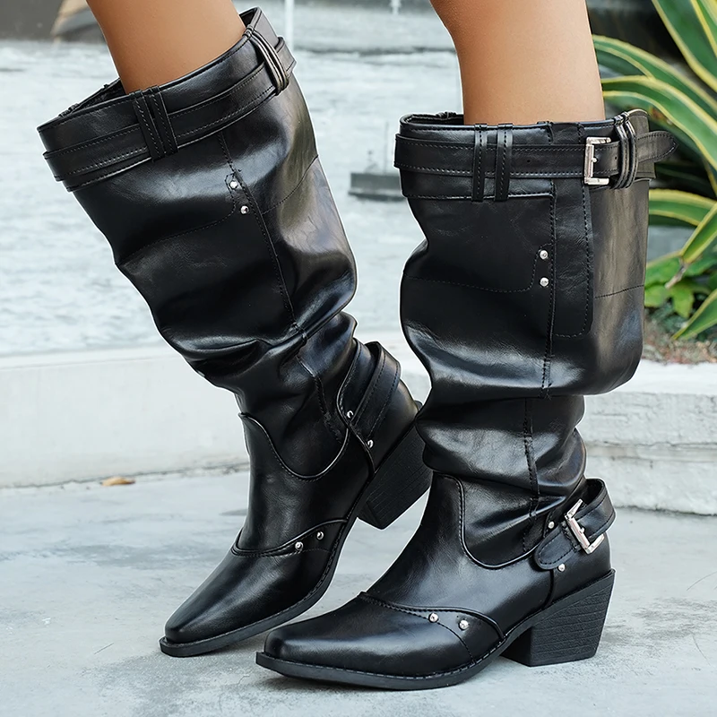 Botas de vaquero de pierna ancha a la moda para Mujer, Botas hasta la rodilla de cuero PU de otoño 2025, Botas de montar con tacón grueso y hebilla para Mujer