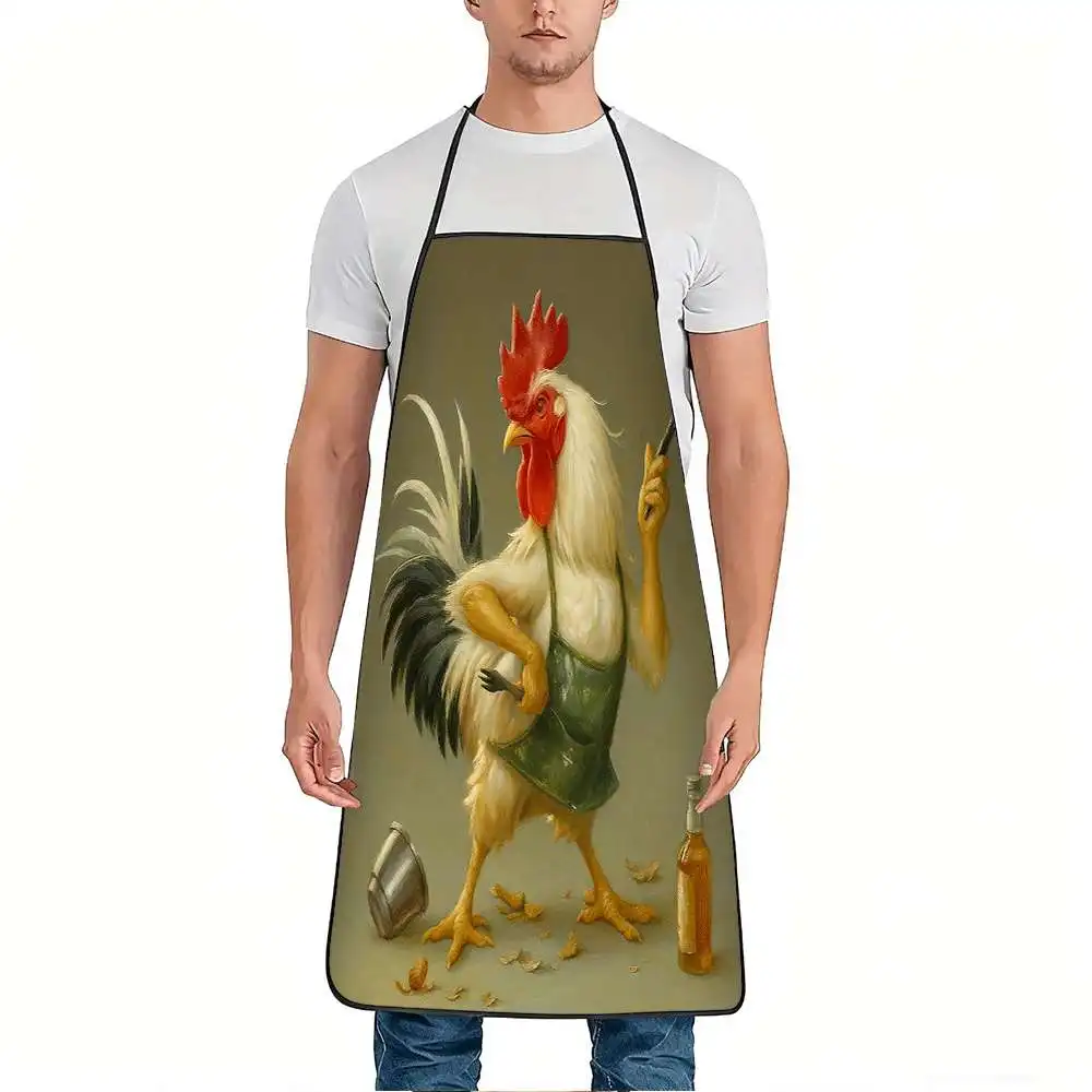 1pc Funny Chef Rooster Apron with Rooster & Kitchen Utensils Print -Polyester Suitable for Cooking, Gardening, Picking
