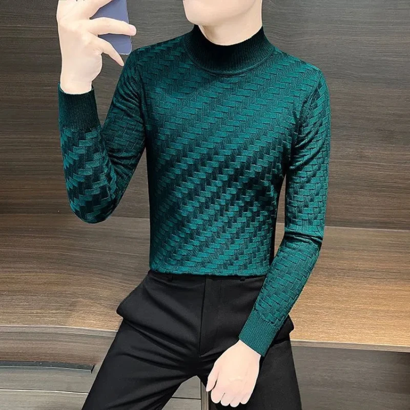 Smart Casual Autumn Winter Men Turtleneck Solid Jacquard Weave Warm Fashion Luxury Business Long Sleeve Pullovers Knitted Top