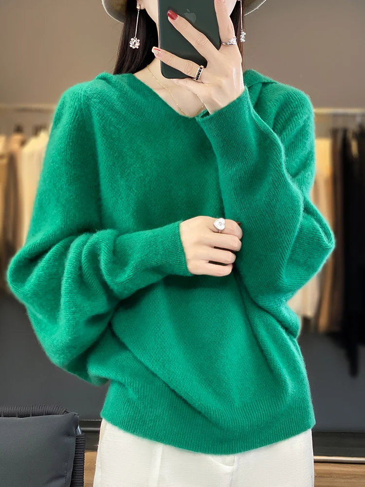 Light Luxury Women\'s Sweater Casual Hoodie 100% Merino Wool Long Sleeve Cashmere Knitted Pullover Korean 2023 Autumn Winter Top