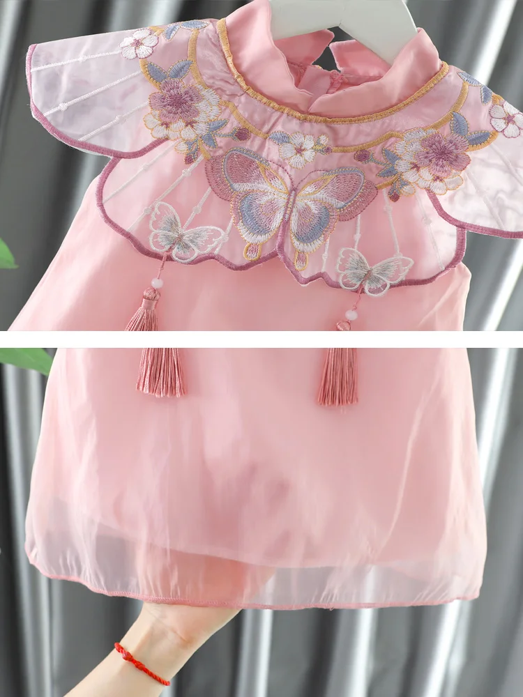 Baby girl clothing 2024 summer sweet round neck sleeveless embroidered dress bow pearl princess skirt 1-5Y