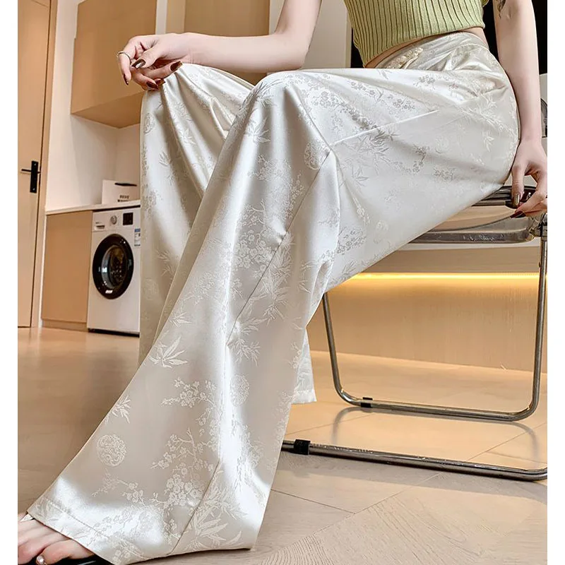 New Chinese National Style Jacquard Wide Leg Pants Women's Summer Thin High Waist Casual Drop-off Narrow Slim Look Pants