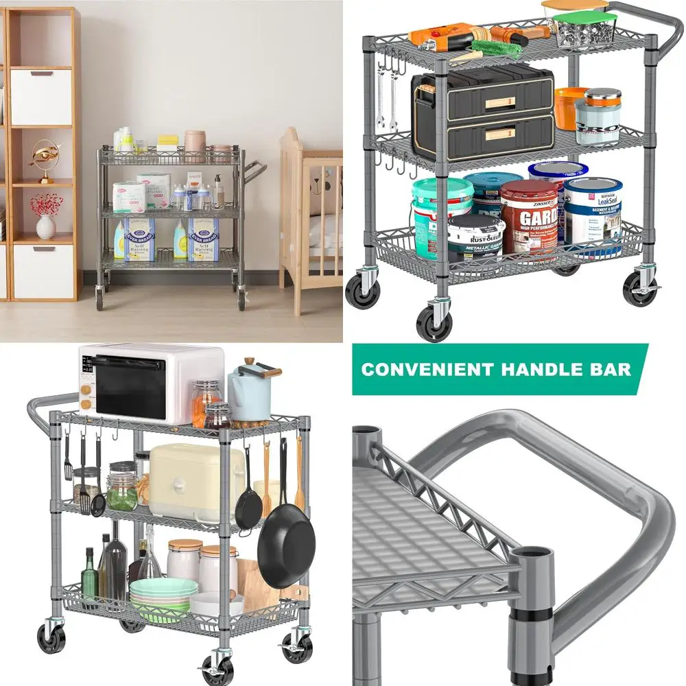 

Sturdy 3-Tier Metal Utility Cart with 990lbs Load Capacity, Gray Wire Rolling Storage Trolley for Kitchen, Garage, Office, and C