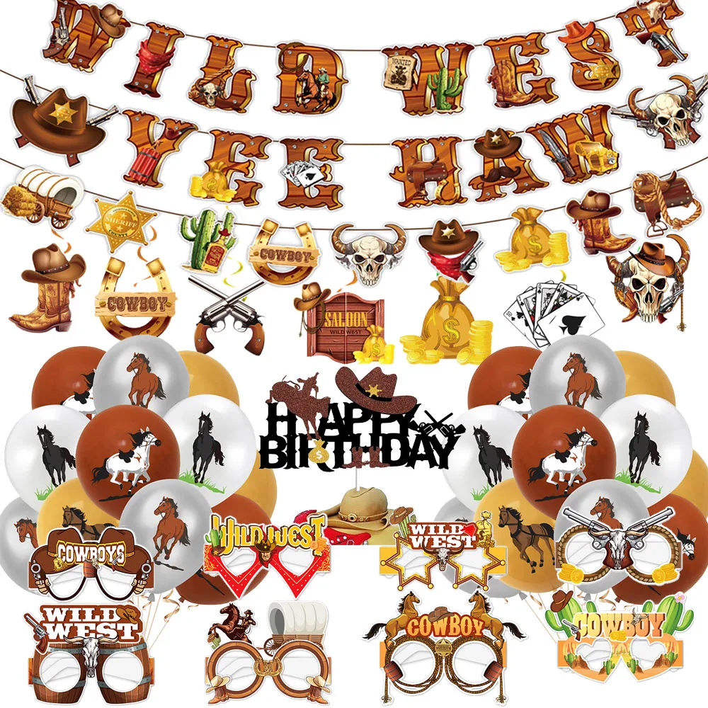 Decoraciones para fiestas temáticas de vaquero occidental, pancartas de vaquero del Salvaje Oeste, remolinos colgantes, vasos de papel, decoración para fiesta de cumpleaños occidental