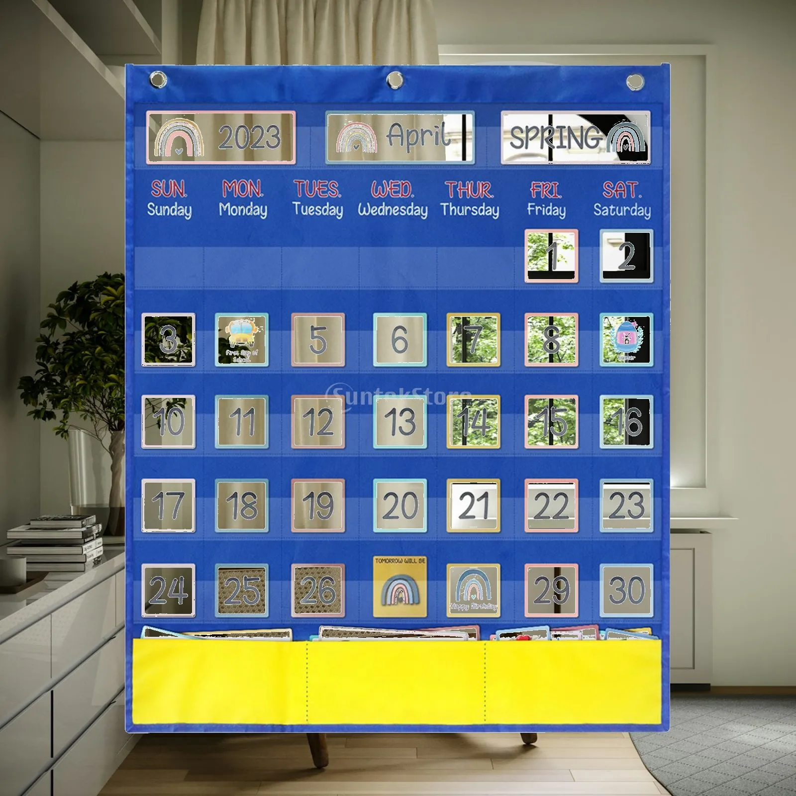 Calendar Pocket Chart for Kids Classroom Wall Hanging with 89 Cards Blue Cloth Educational Teaching Aid