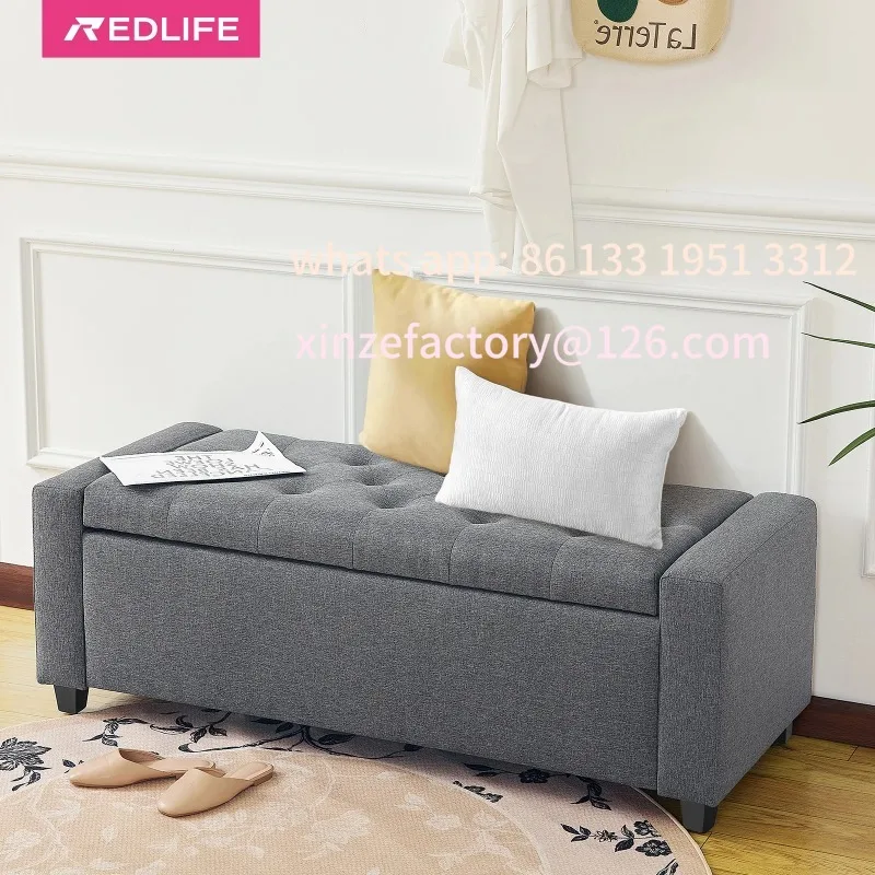 Customizable Redlife 47.8'' Storage Ottoman, Folding Storage Bench Footrest Stool w/ Flipping Lid Safe Hinge for Living Room Bed