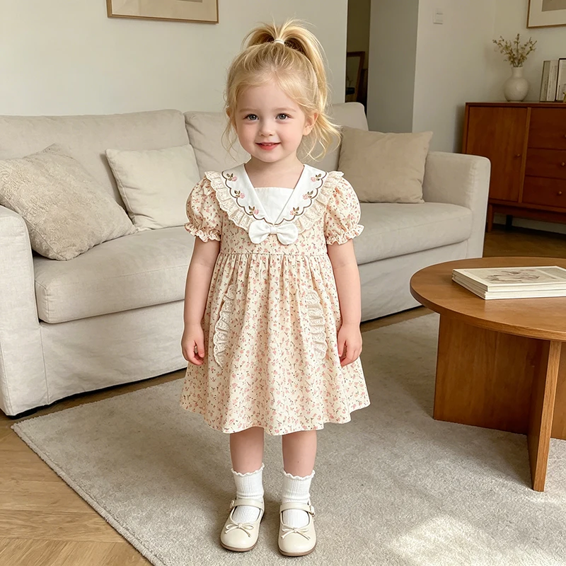 2026 Sommer Neu Mädchenkleid 2-6 Jahre Stilvolles Mädchenkleid mit Schleife und Blumenmuster Kurzärmeliges Prinzessinnenkleid Kinderkleidung