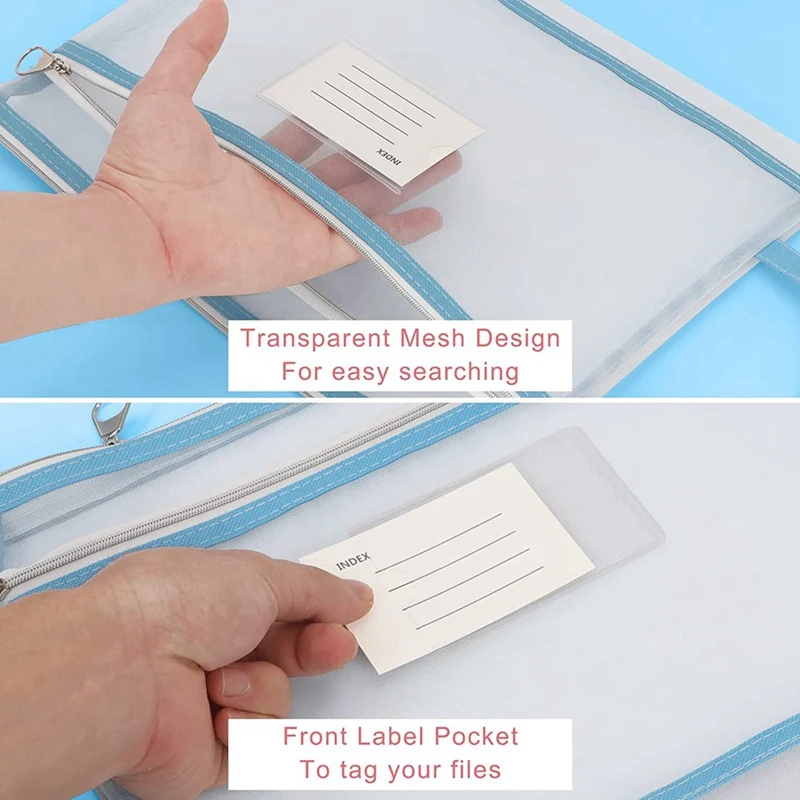 4Pcs Mesh Zipper Pouch Translucent A4 Document Bag Book File Folders A4 Mesh Zip Folder Blue