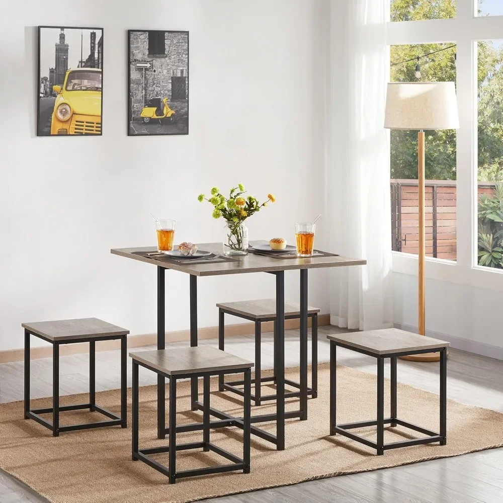 Conjunto de mesa de jantar de 5 peças, conjuntos de cadeiras de cozinha industriais para 4 compactos com bancos, design que economiza espaço, apartamento, espaço pequeno